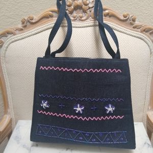 Vintage 90s Beaded Denim Shoulder Bag